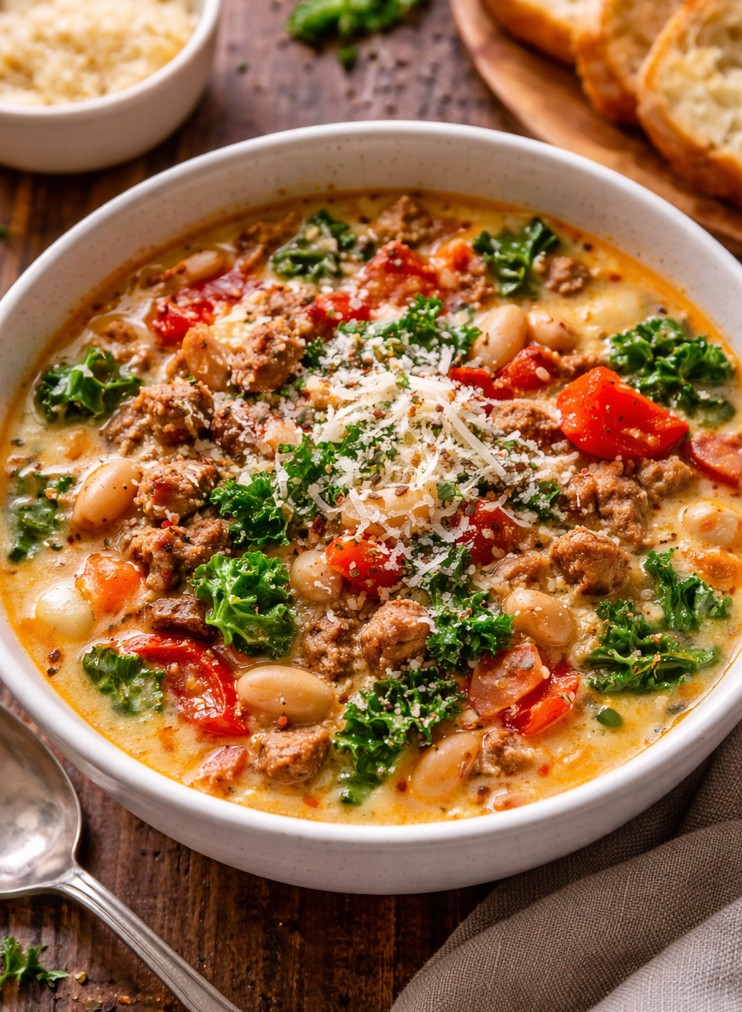 Fireside winter soup with sausage, kale, and beans