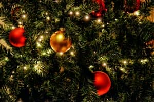Christmas tree with red and gold ornaments and string lights, creating a festive atmosphere for St Charles Plastic Surgery.